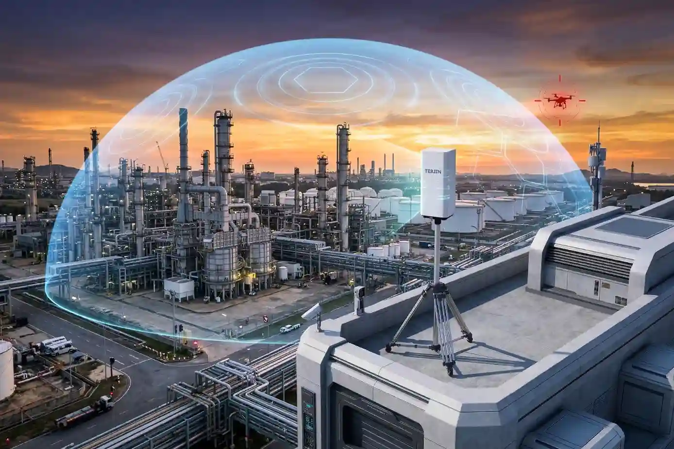 A digital security shield overlaying an oil refinery, illustrating a 6km drone detection range.