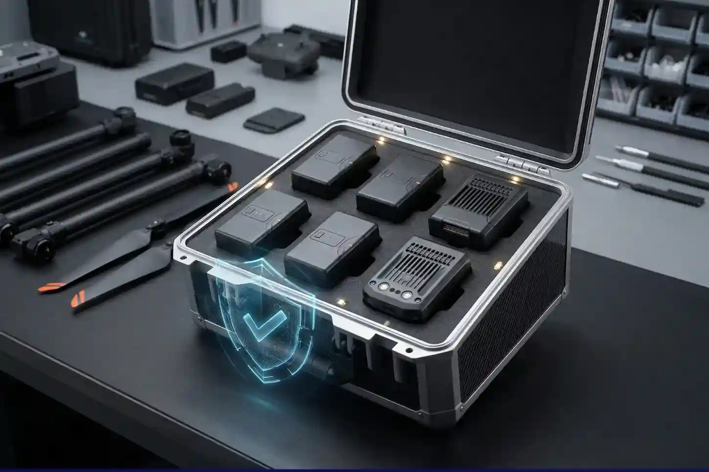 A secure, specialized metal case holding DJI drone batteries in custom foam in a clean workshop.