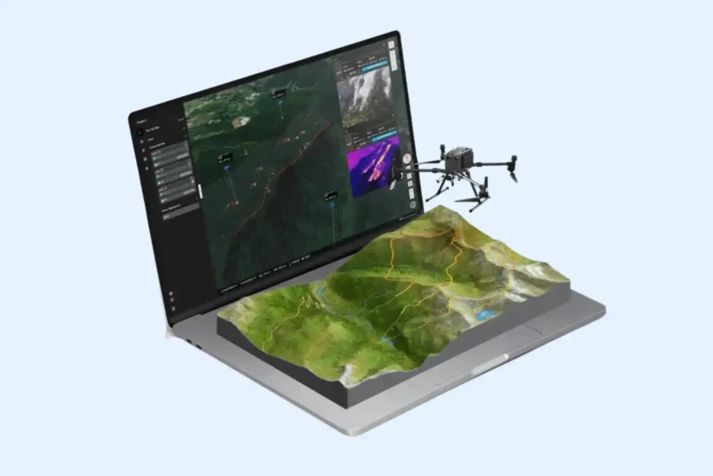 A DJI Enterprise drone connected via a digital network to a FlightHub 2 AIO server and a 3D digital twin on a tablet.