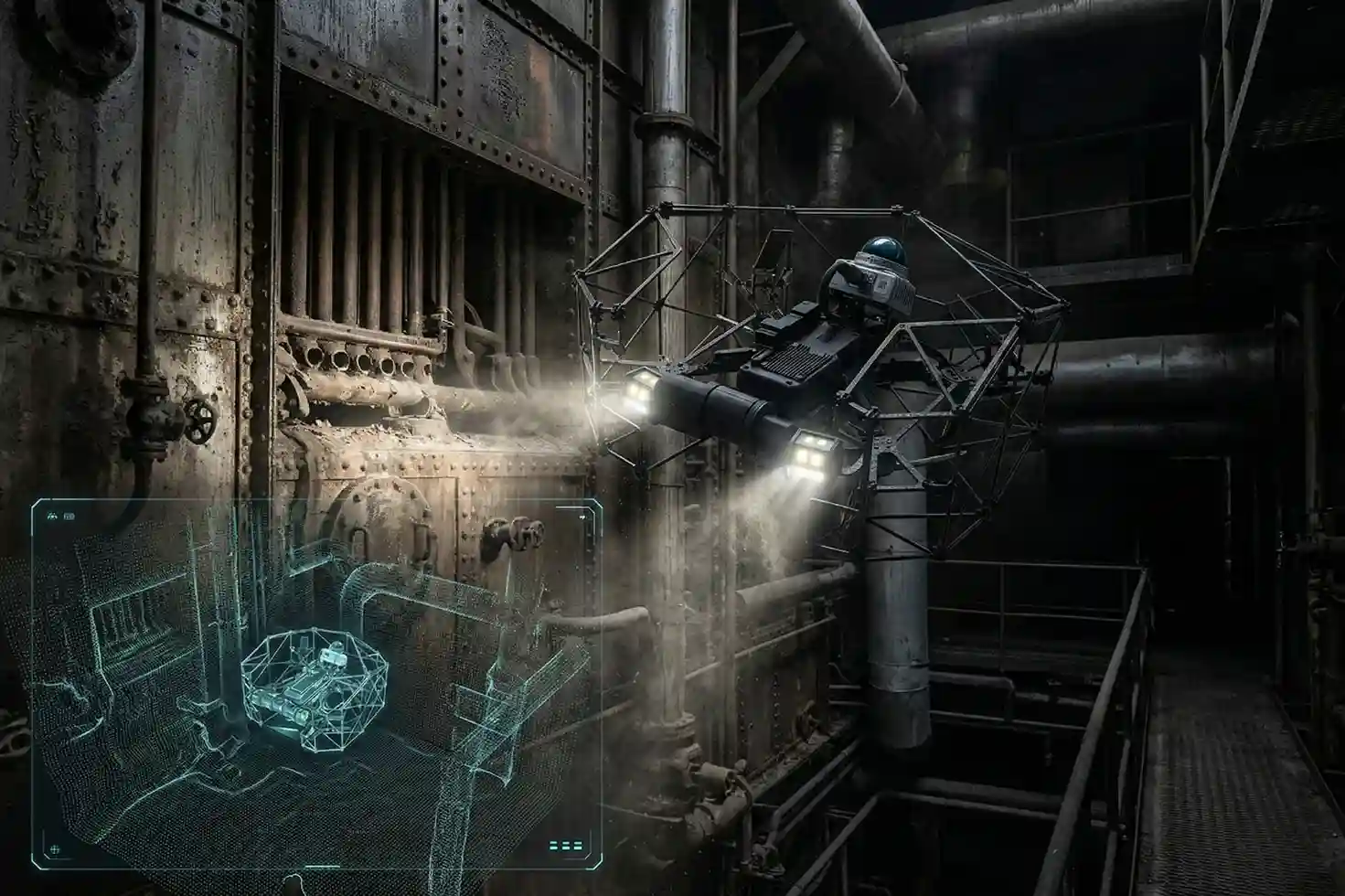 Terra Xross 1 drone using LiDAR to navigate a dark, dusty industrial boiler without GPS.