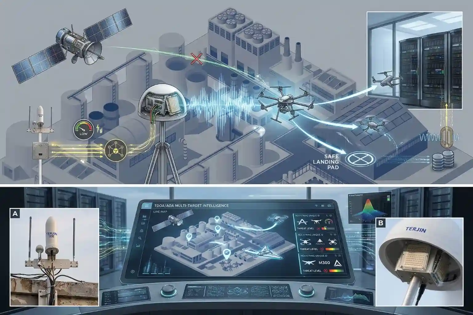 Technical diagram showing how surgical GNSS spoofing manipulates drone coordinates to neutralize threats.