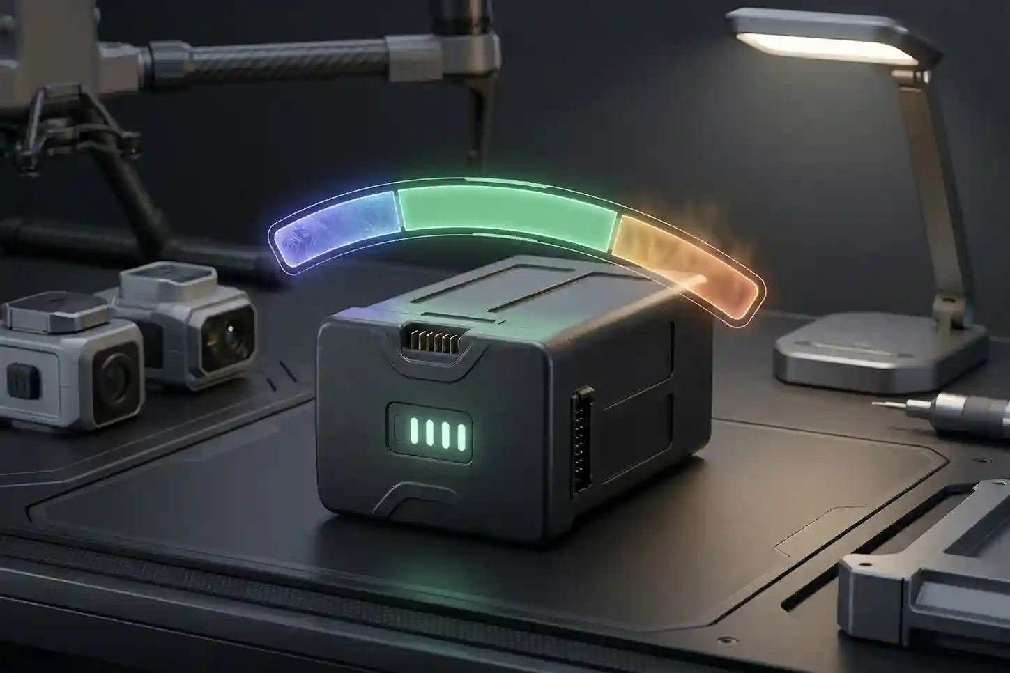 Infographic showing the safe drone battery storage charge range (40-60%) and temperature range (15°C-25°C).