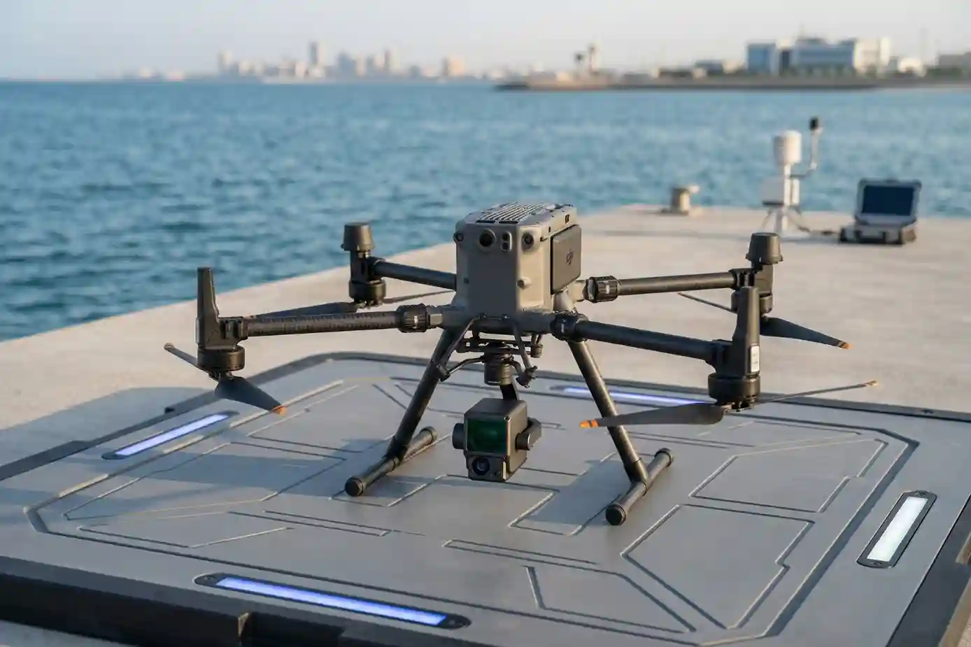 Close-up of a DJI M350 RTK drone with a Zenmuse L1 LiDAR sensor prepared for a coastal survey mission.