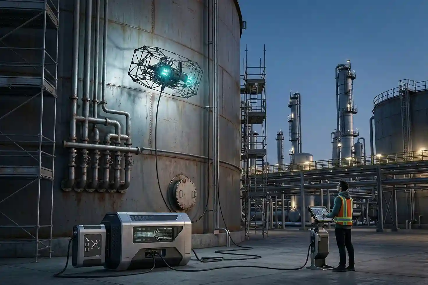 Tethered version of the Terra Xross 1 drone performing a continuous high-resolution inspection of a large storage tank.