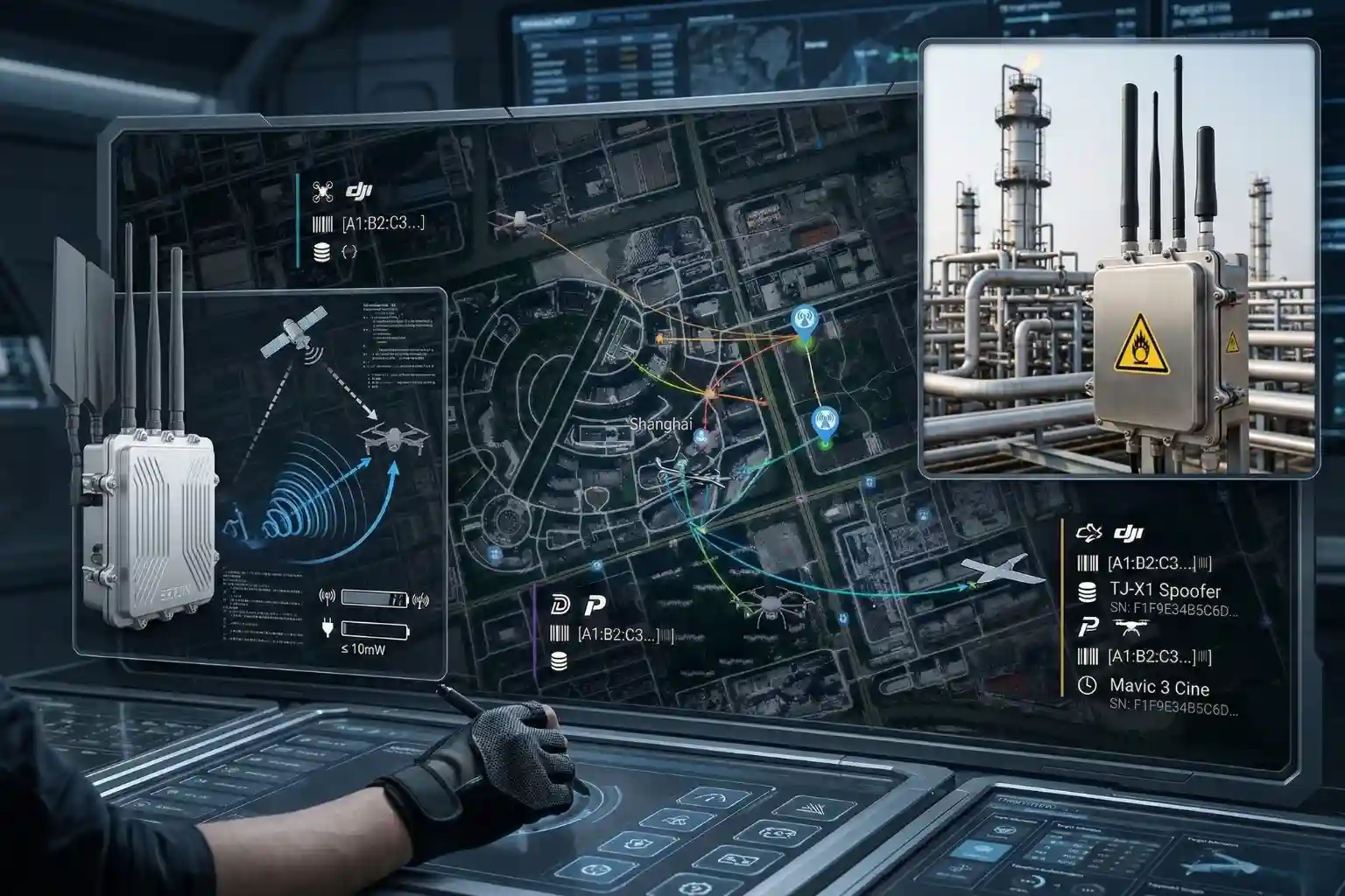Terjin anti-drone software interface showing real-time multi-target tracking and identification of unauthorized UAVs.