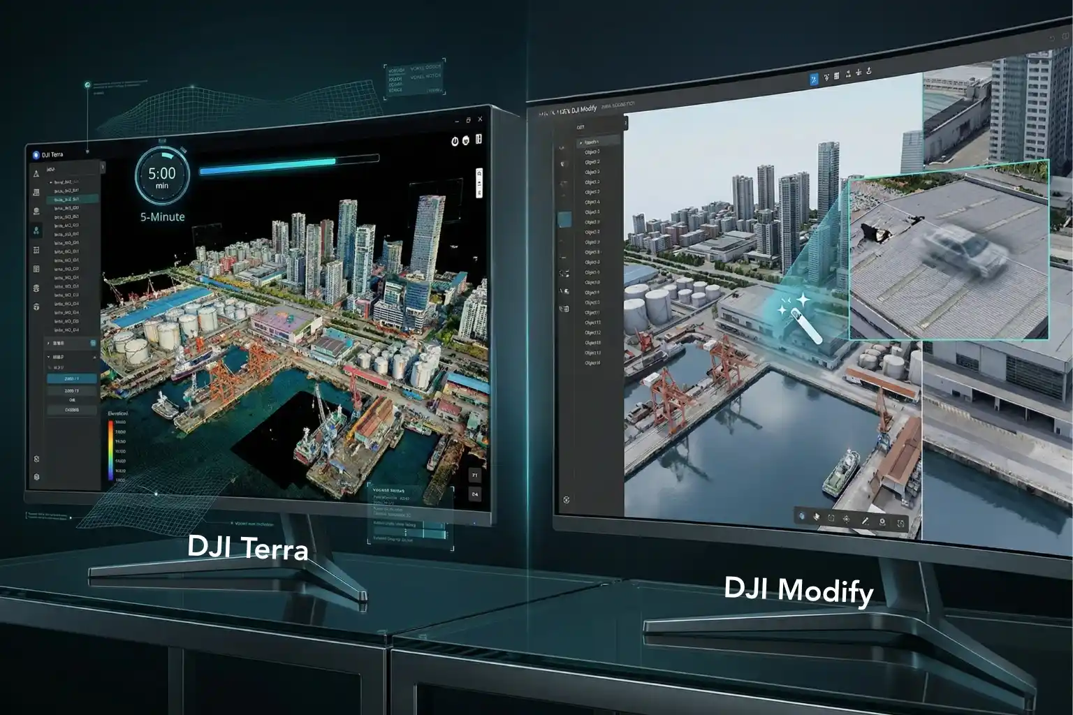 A two-step visual showing DJI Terra generating a 3D model and DJI Modify cleaning up "ghost" objects and textures.