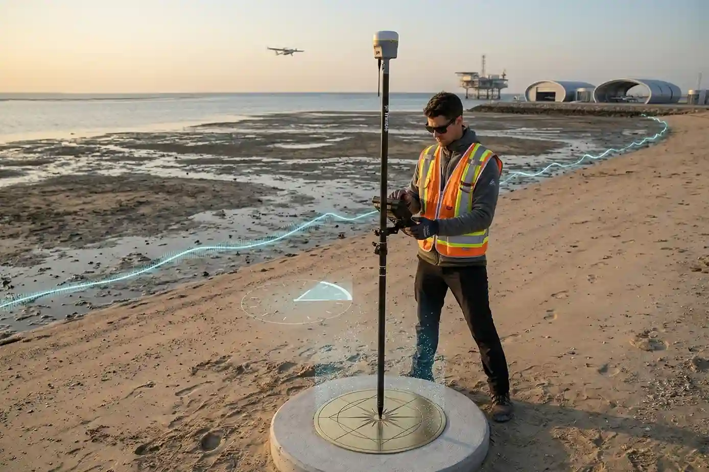 Surveyor setting a geodetic reference marker on the Jubail coast during a low-tide survey window.
