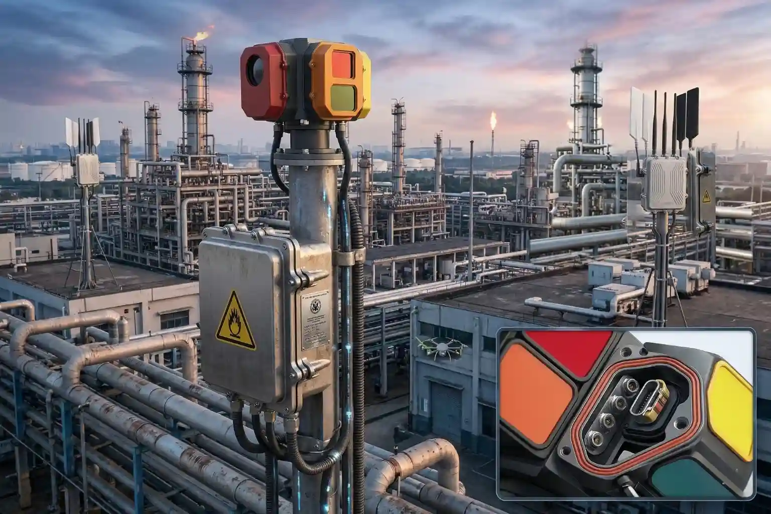 Explosion-proof fixed anti-drone detector unit installed at a high-risk petrochemical production base.