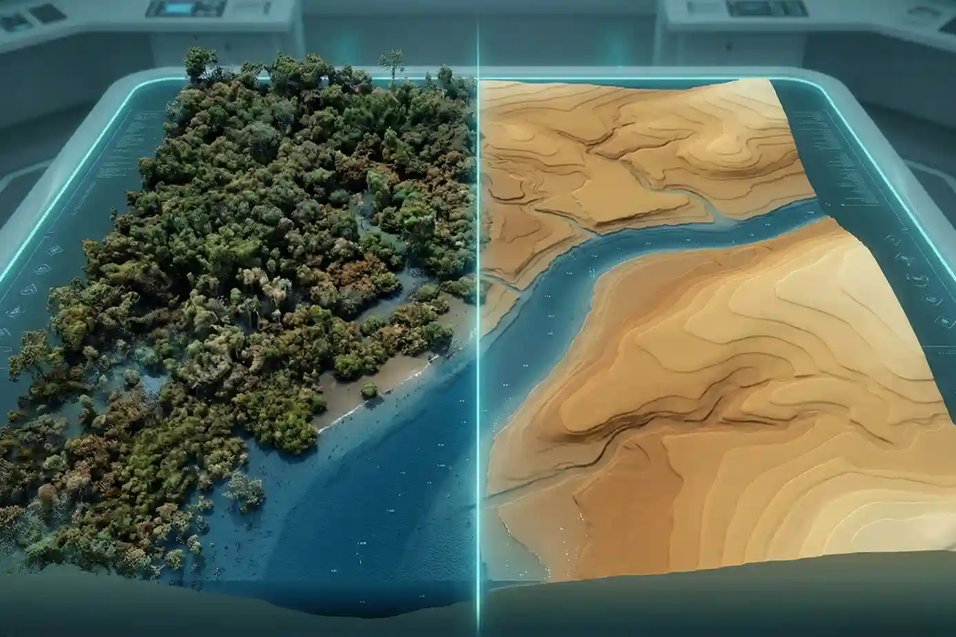 Side-by-side comparison of a Digital Surface Model and a bare-earth Digital Terrain Model of a coastal ecosystem.
