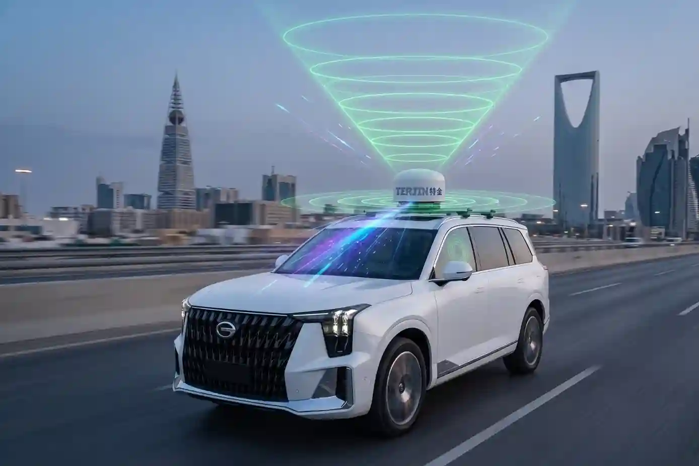 A security vehicle with a mounted VDC1 defense system driving along a border or in a convoy.