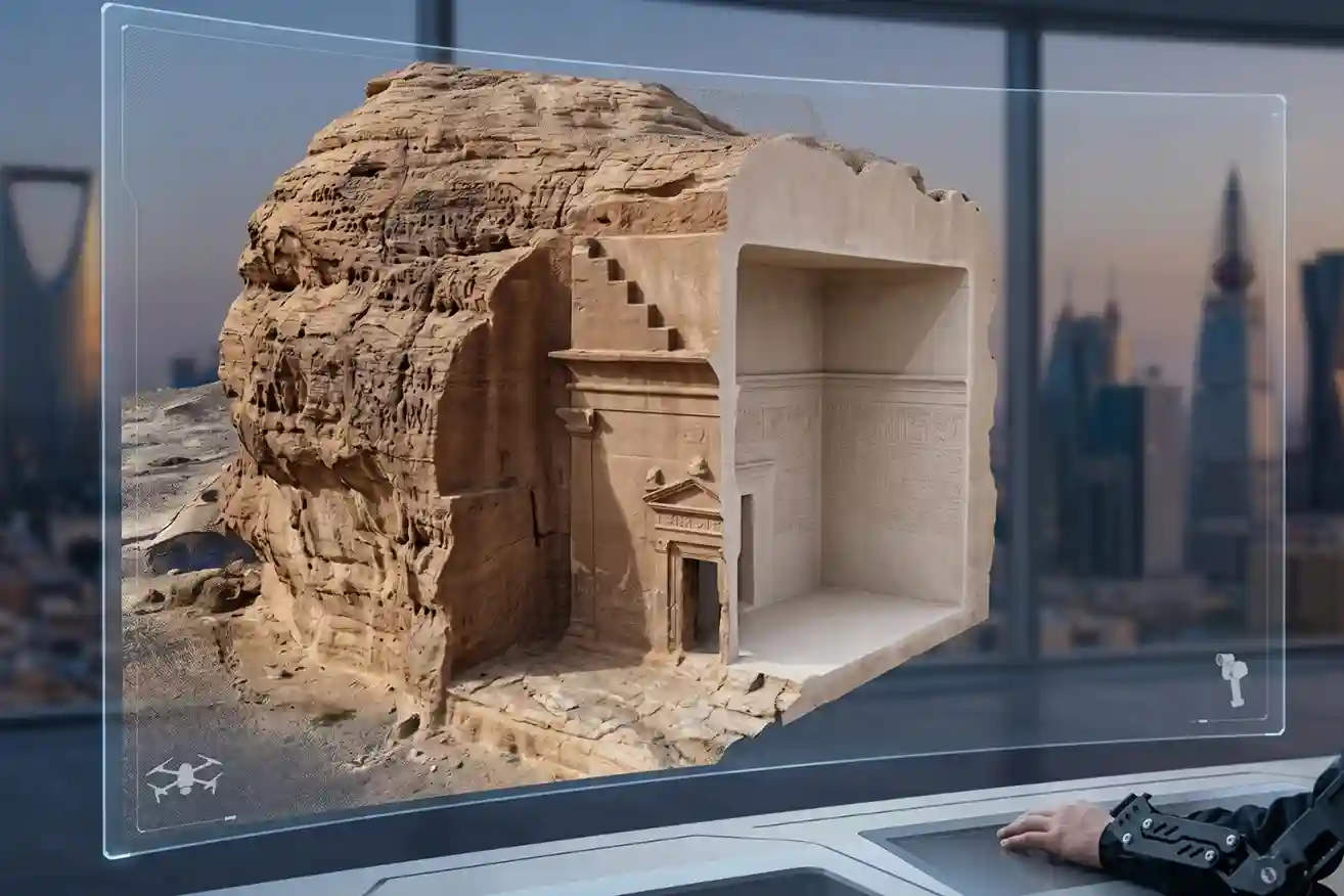 A split-view 3D model showing the rugged exterior of a mountain and the detailed interior of a carved chamber merged together.
