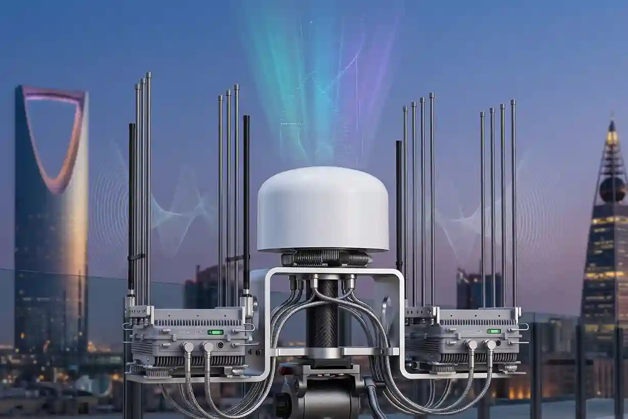 Close-up of a Terjin VDC2 Pro integrated detection and jamming unit mounted on a tripod at the edge of a high-security facility.