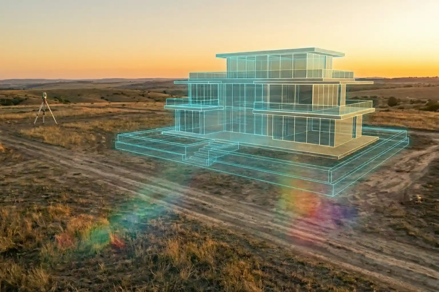 A digital twin model of a modern building overlaid on an empty construction site.