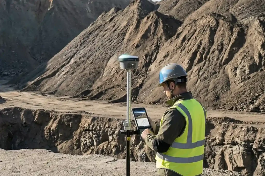 A surveyor safely measuring a steep quarry wall from a distance using the FJD Trion V10i.