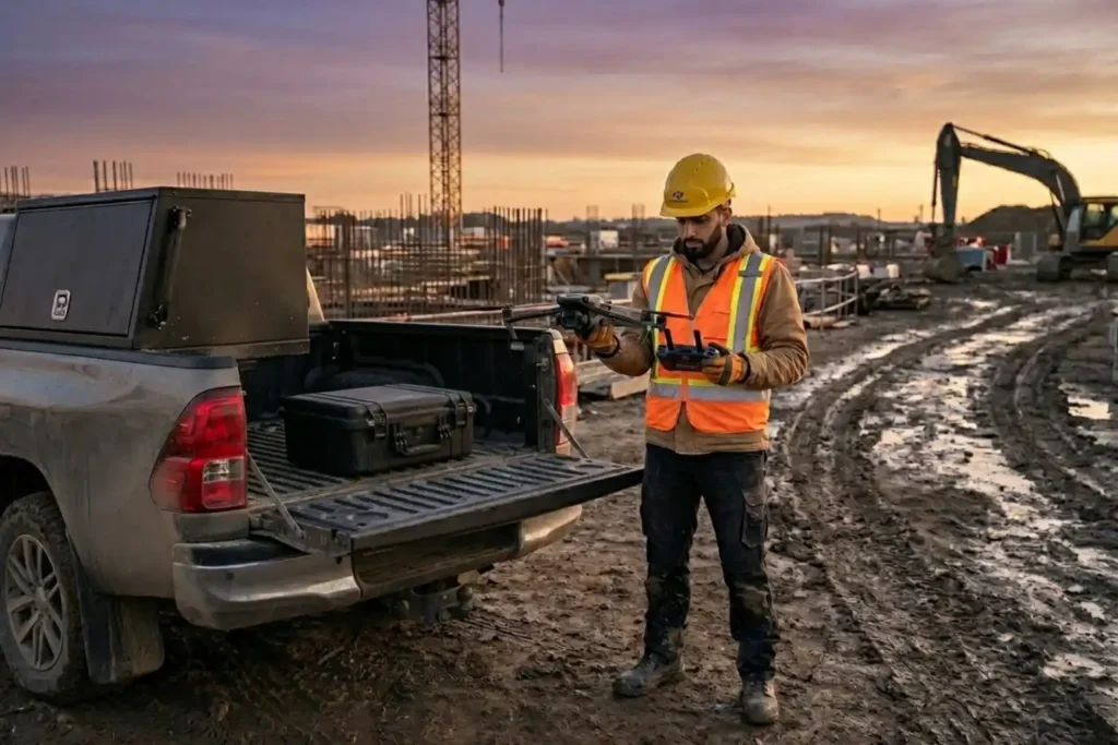 A professional drone operator in a high-vis vest and hard hat holding an unfolded DJI Mavic 3 Enterprise next to a 4x4 vehicle on a construction site, ready for immediate launch.