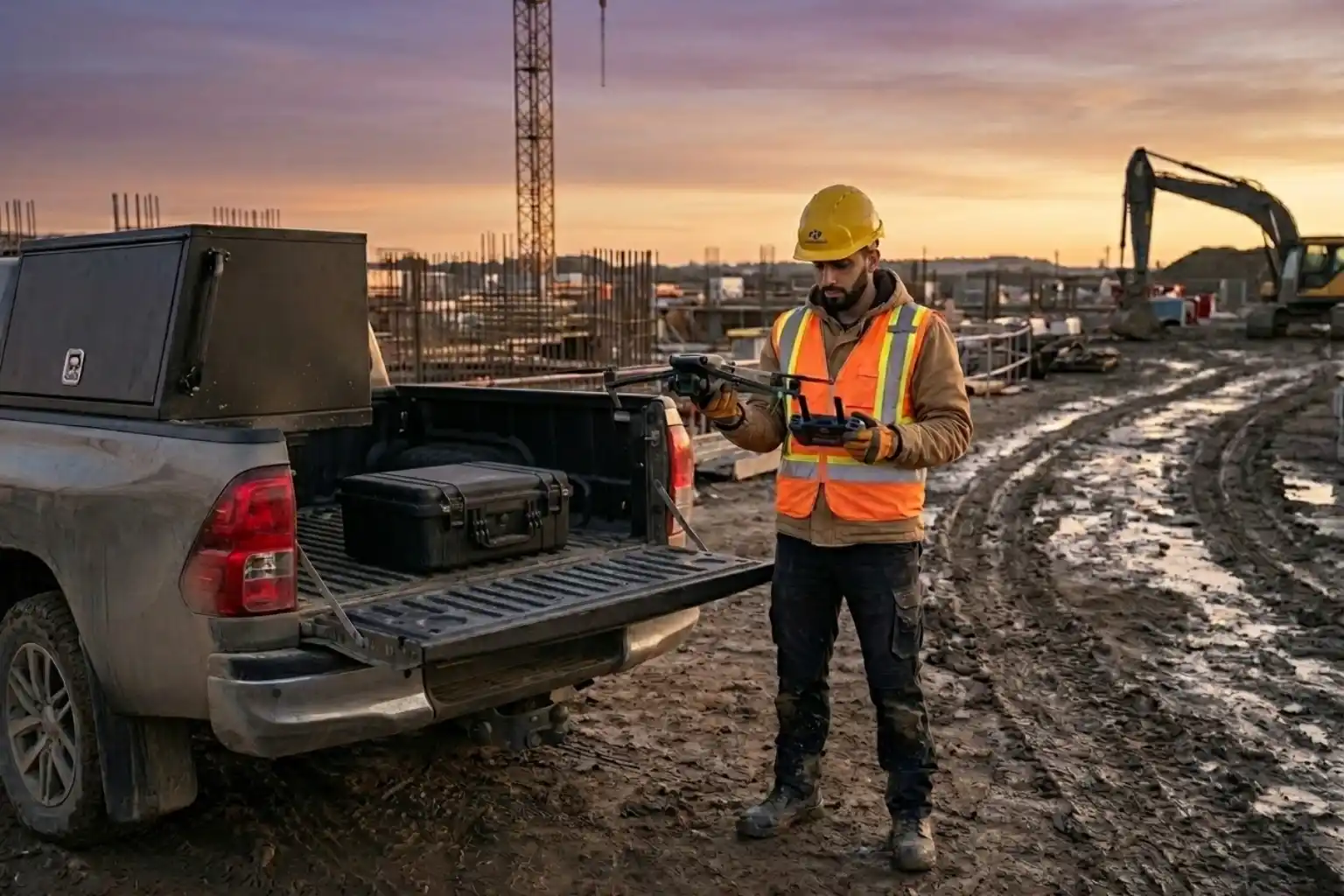 A professional drone operator in a high-vis vest and hard hat holding an unfolded DJI Mavic 3 Enterprise next to a 4x4 vehicle on a construction site, ready for immediate launch.