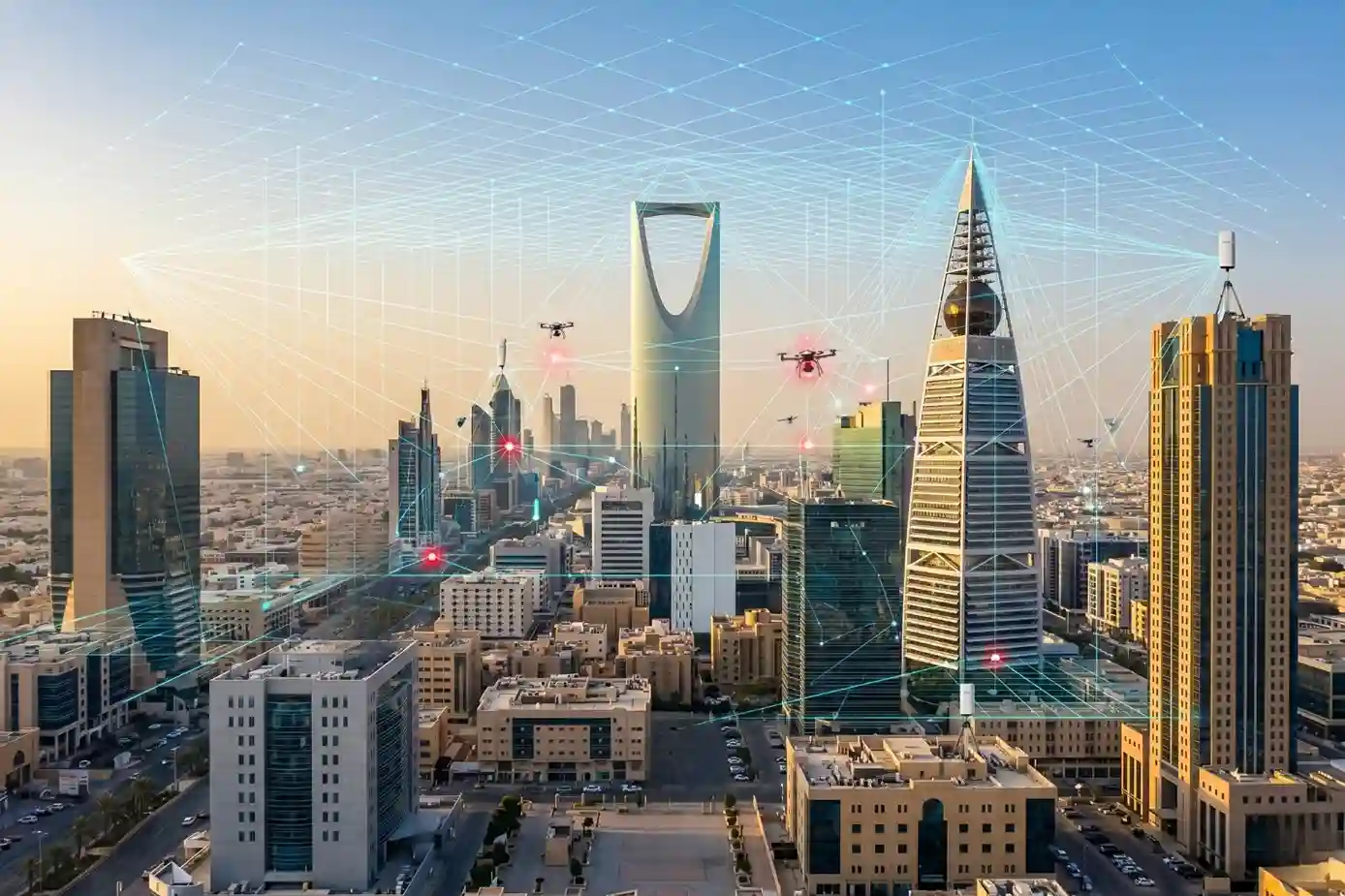 A modern city skyline covered by a semi-transparent digital grid representing a TDOA drone detection network.