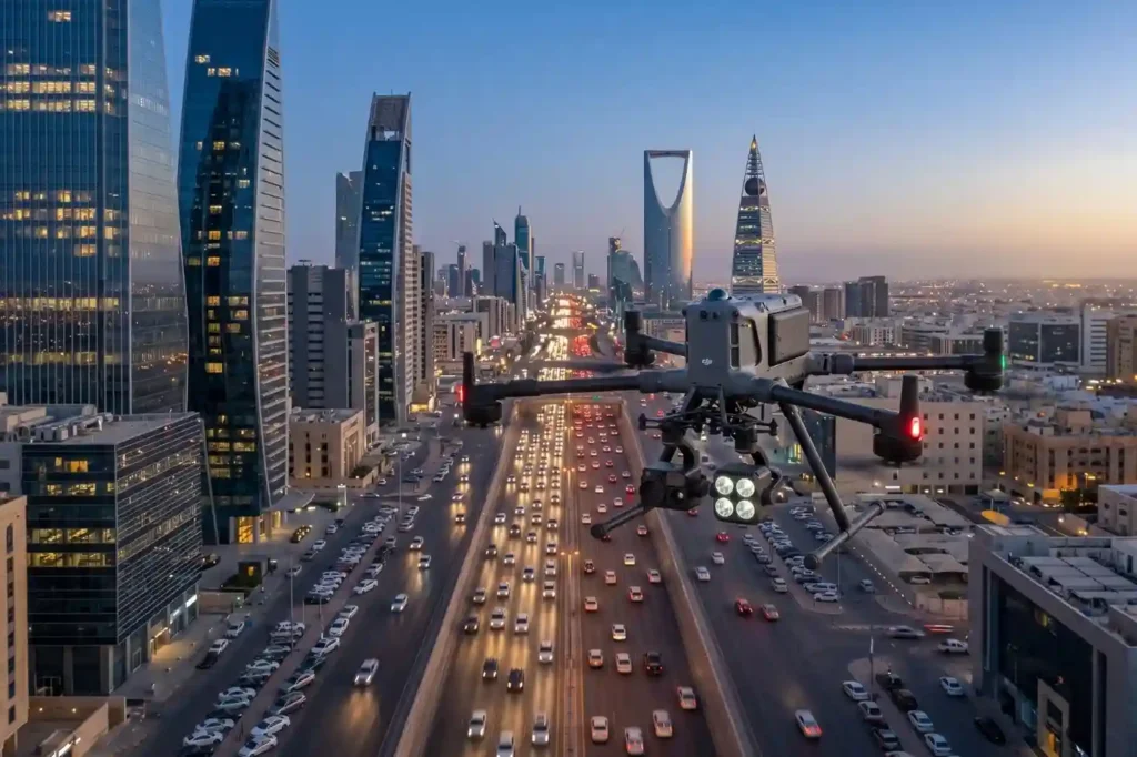 A professional DJI Matrice 400 drone hovering over a busy multi-lane highway in Riyadh during sunset.