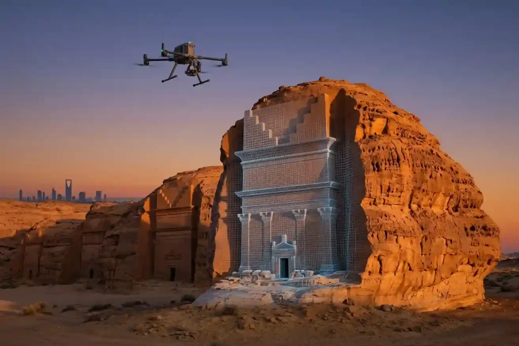 A professional DJI Matrice 400 drone flying over the ancient Hegra tombs in Al-Ula with a shimmering digital grid overlay.