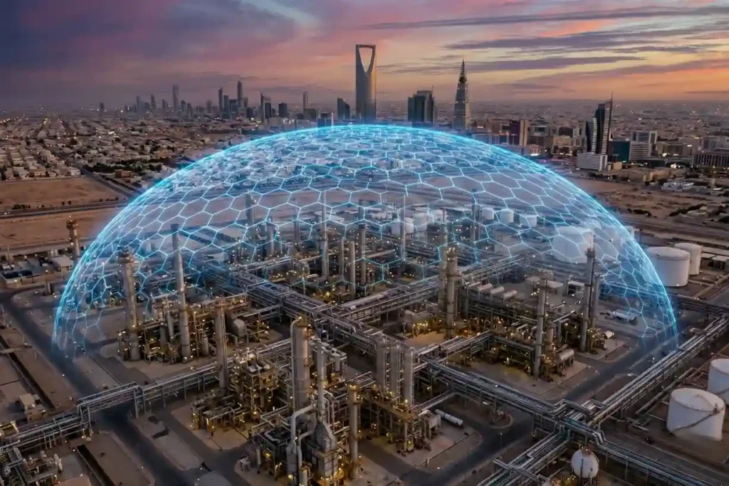 A wide-angle aerial view of a massive oil refinery at dusk, with a glowing blue digital grid overlay representing an active drone defense shield.