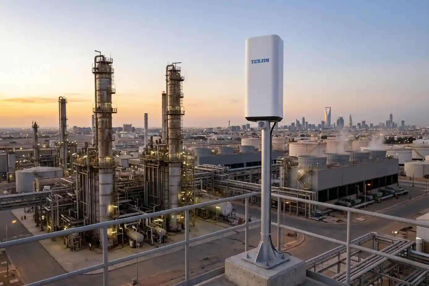 Fixed drone detection hardware, like the FTD1, mounted on a pole overlooking a power plant.