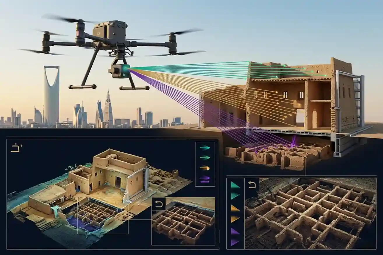 Diagram showing laser pulses from a drone passing through palm tree leaves to map hidden ruins on the ground.