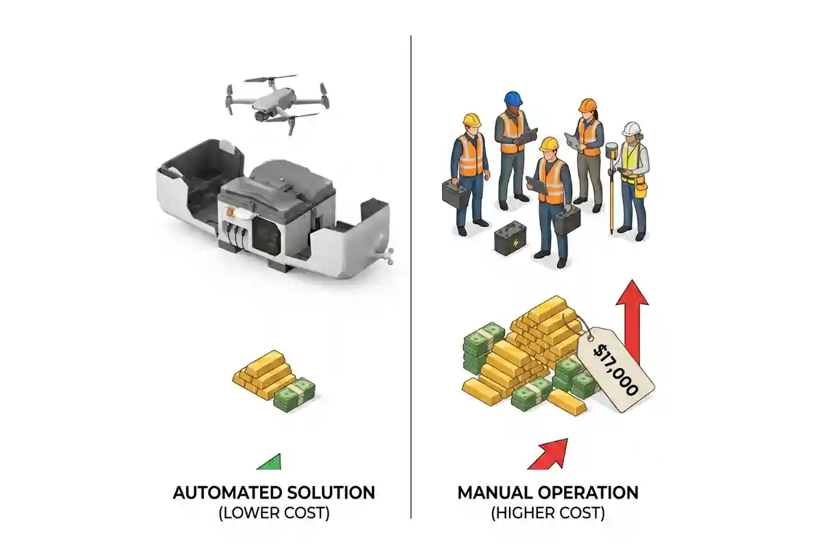 An infographic comparing the $8,000 daily cost of a manual crew versus the $800 cost of a remote drone operation.