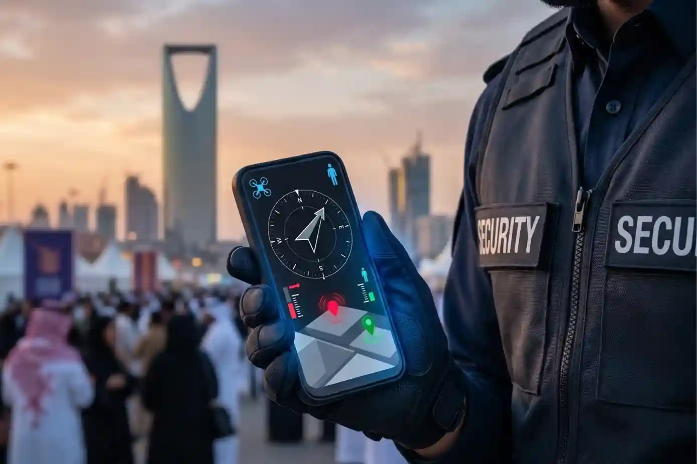 A security officer using a PD1 handheld drone detector at a large public event.