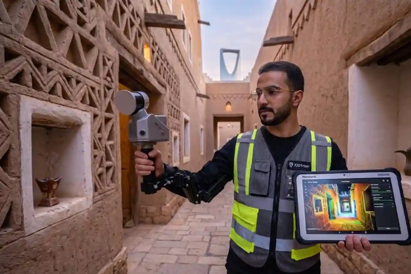 A specialist walking through a dark, arched mud-brick corridor in Diriyah while holding the FJD Trion S2 scanner.