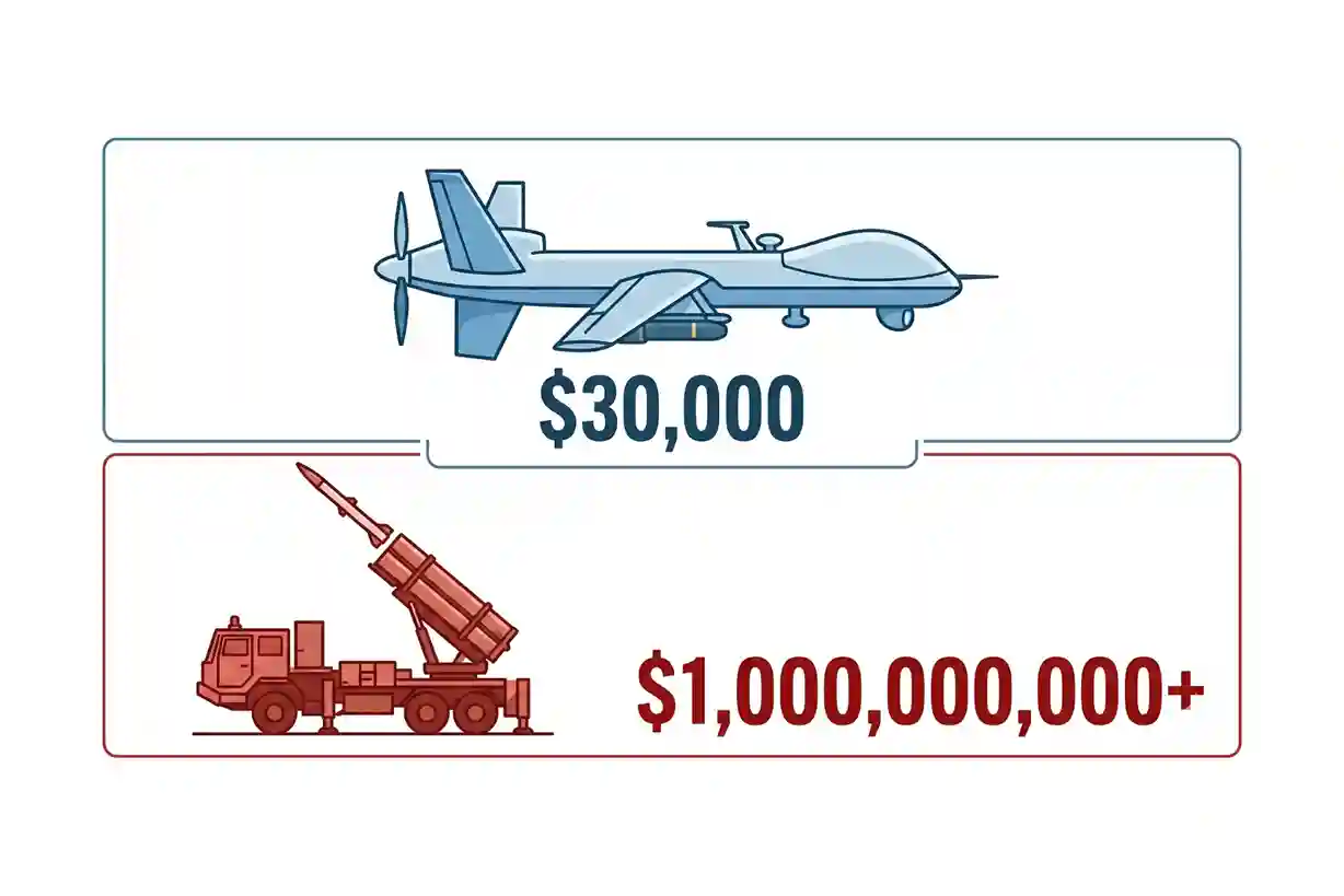 An infographic scale weighing a $20,000 Shahed-136 drone against a $4 million Patriot interceptor missile.