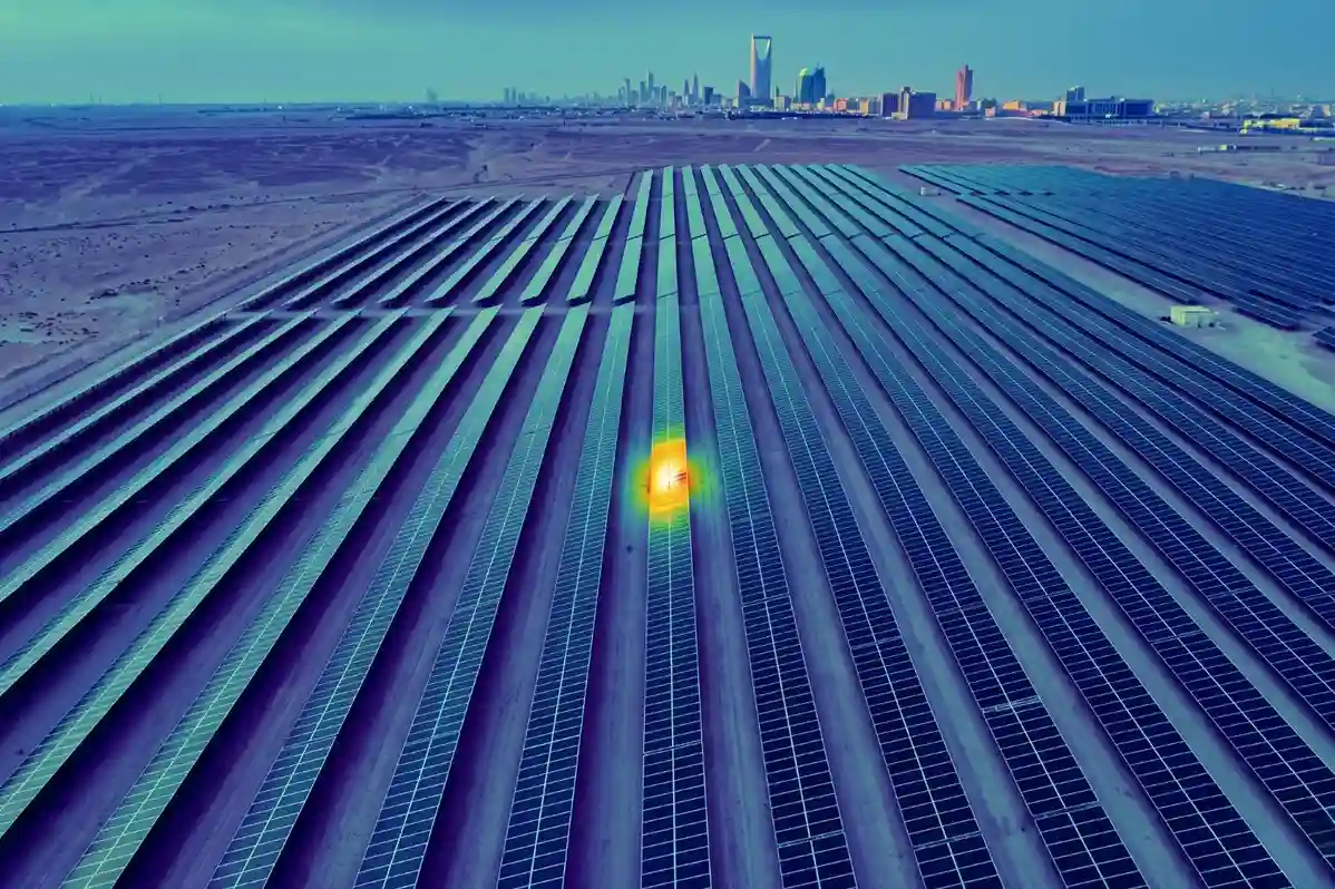  A thermal drone view of a solar panel array showing a bright orange hot spot on a single panel.