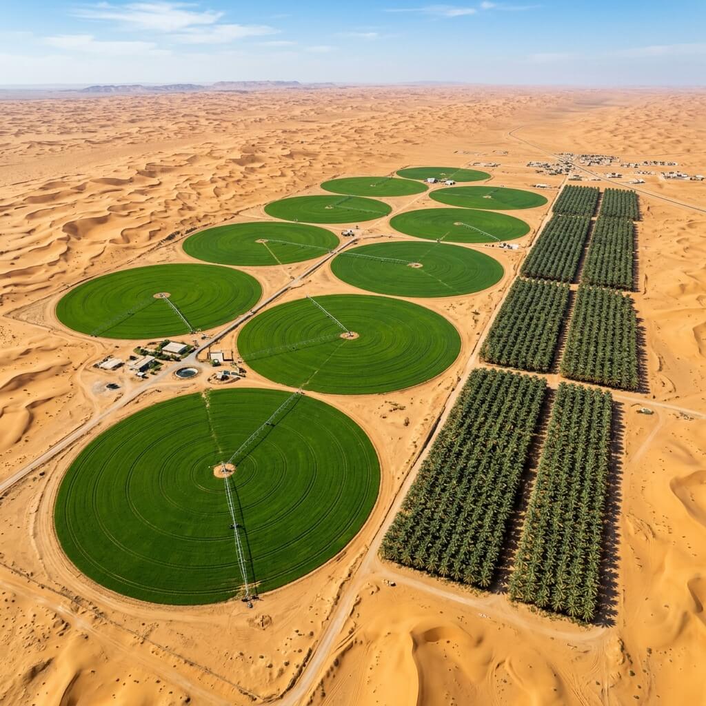 Aerial view of center-pivot irrigation agriculture and date palm plantation across Saudi Arabian desert landscape