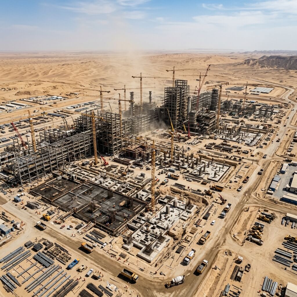 Aerial view of construction and infrastructure site with cranes and steel structures for progress monitoring in Saudi Arabia