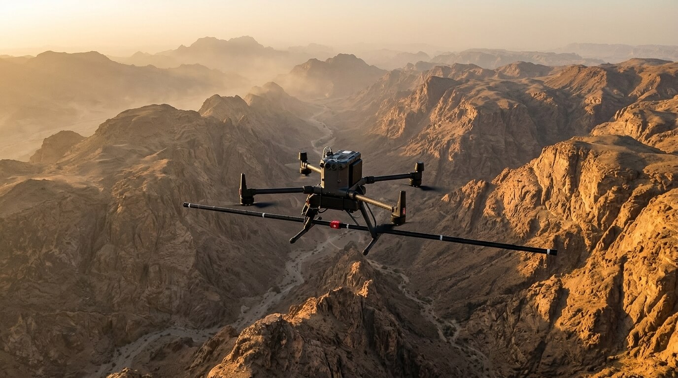 Drone conducting aeromagnetic geophysical survey for subsurface mineral mapping in Saudi Arabia