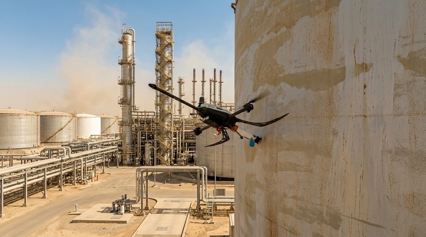 NDT drone performing ultrasonic thickness inspection on industrial storage tank at oil and gas refinery in Saudi Arabia