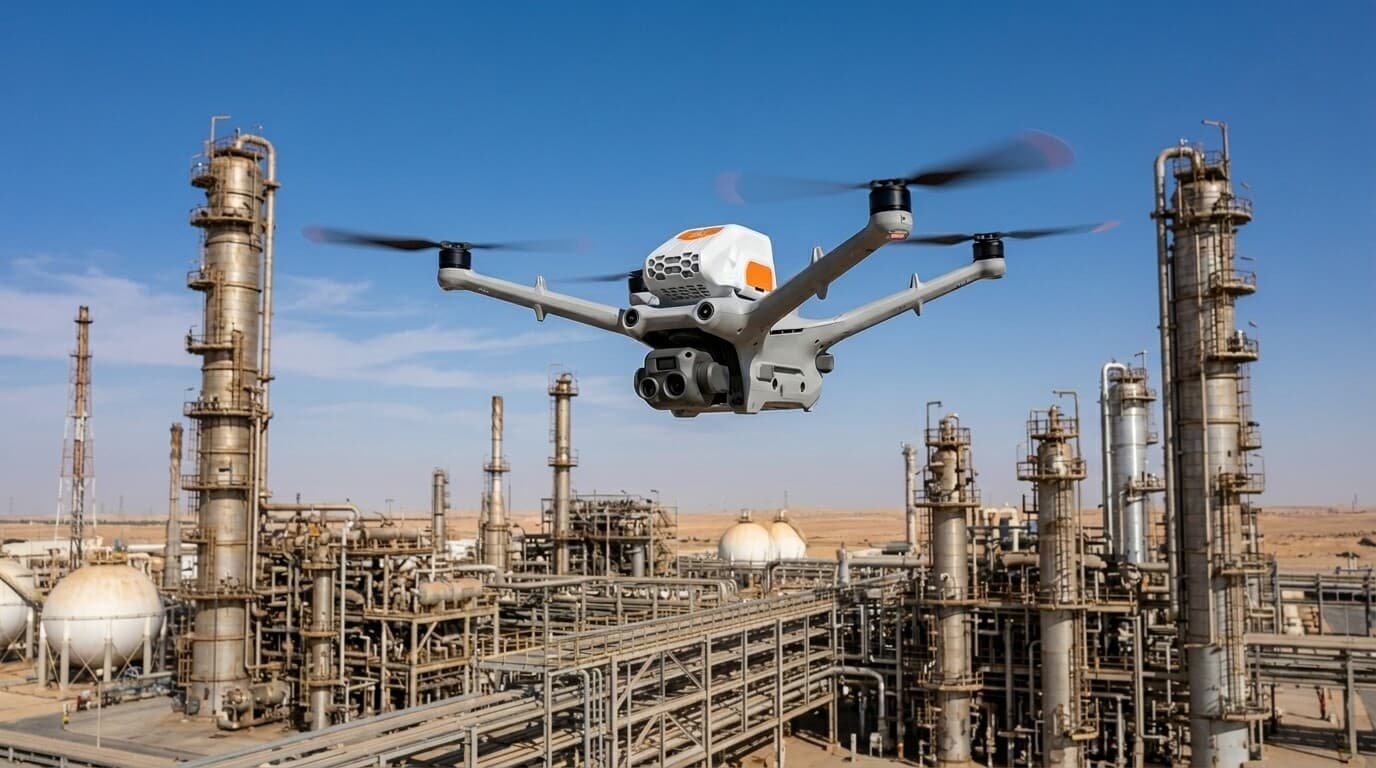 Drone detecting methane emissions for environmental monitoring and ESG compliance at petrochemical facility in Saudi Arabia