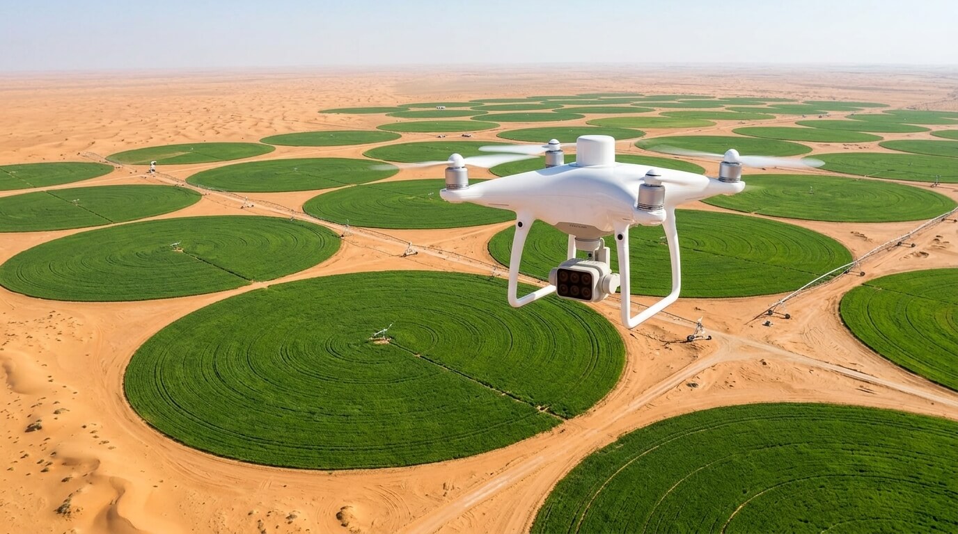 Multispectral drone performing NDVI crop health mapping over agricultural plantation in Saudi Arabia