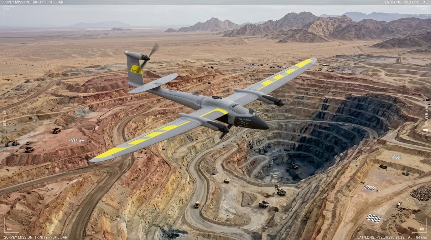 Fixed-wing drone conducting aerial photogrammetry and LiDAR topographic survey over mining site in Saudi Arabia