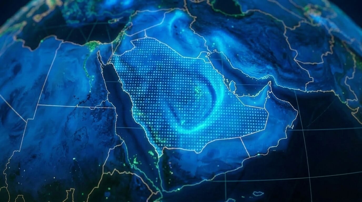 Digital GIS map of Saudi Arabia with geospatial data analytics and connectivity points for enterprise infrastructure management