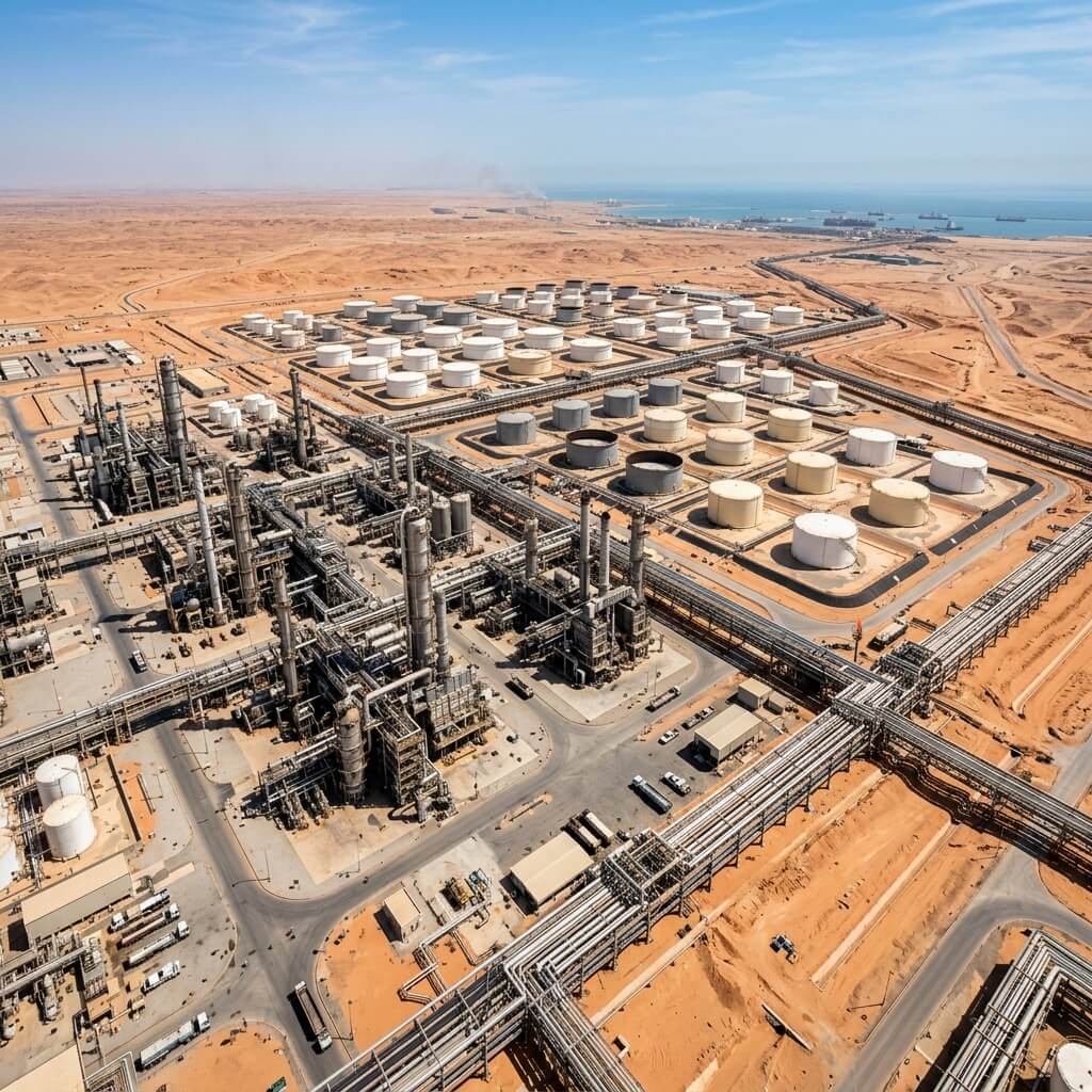Aerial view of oil and gas refinery complex with flare stacks and pipelines across Saudi Arabian desert