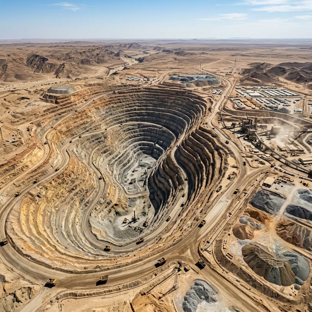 Aerial survey view of open-pit mining and quarry operation with terraced rock layers and haul roads in Saudi Arabia