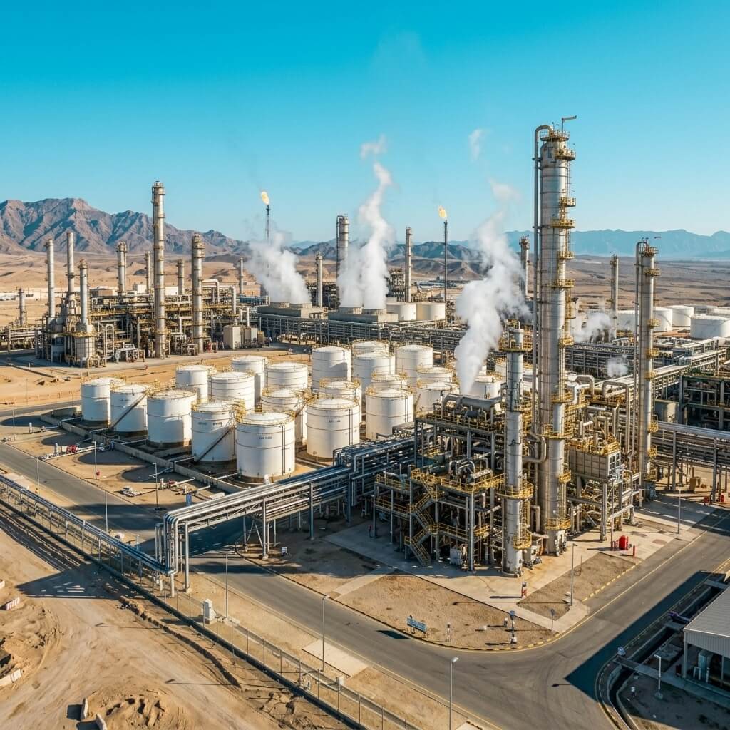 Petrochemical refinery with storage tanks and distillation towers for industrial inspection at dusk in Saudi Arabia