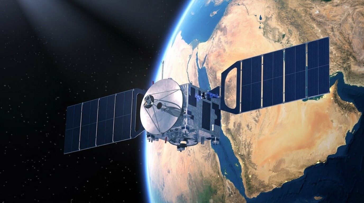 Satellite in orbit over Saudi Arabia for large-scale remote sensing, land cover classification, and environmental monitoring