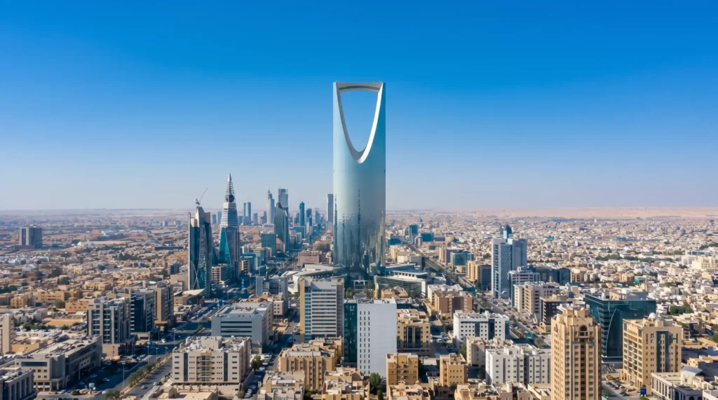 Aerial drone view of Riyadh skyline in Saudi Arabia