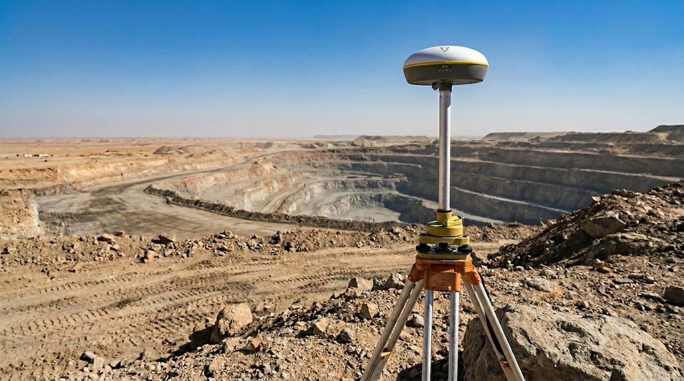 GNSS RTK rover conducting topographic survey for underground utility detection and mining site planning in Saudi Arabia