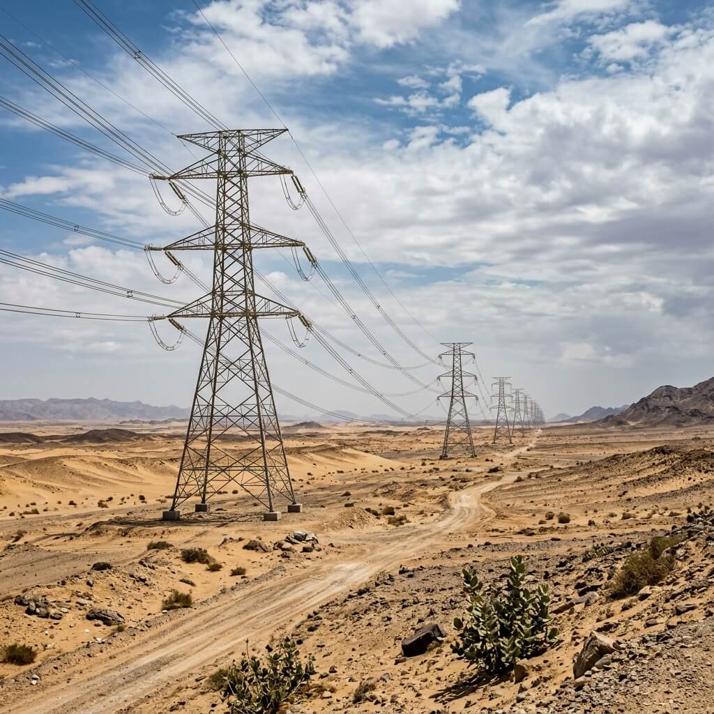 High-voltage transmission line and power generation towers stretching across Saudi Arabian desert