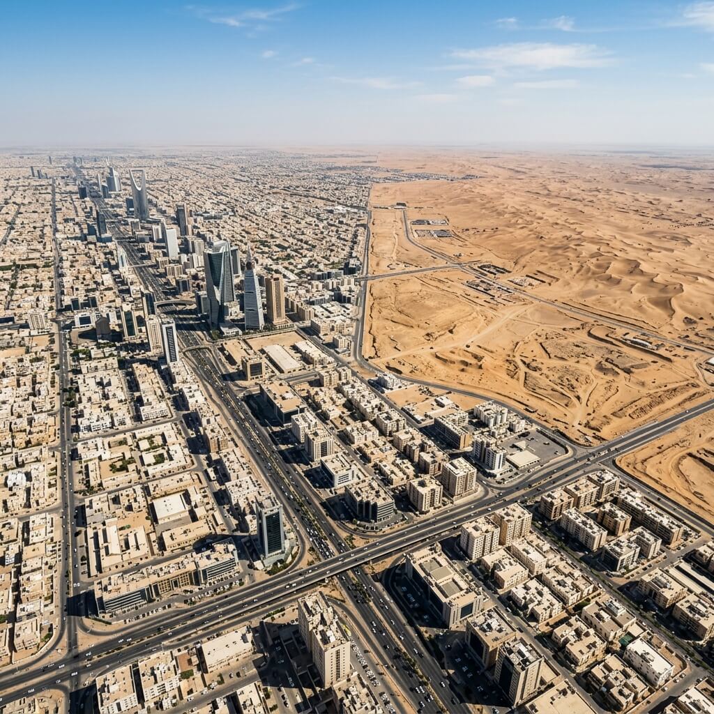Aerial view of urban planning and city development with modern skyline expanding into Saudi Arabian desert