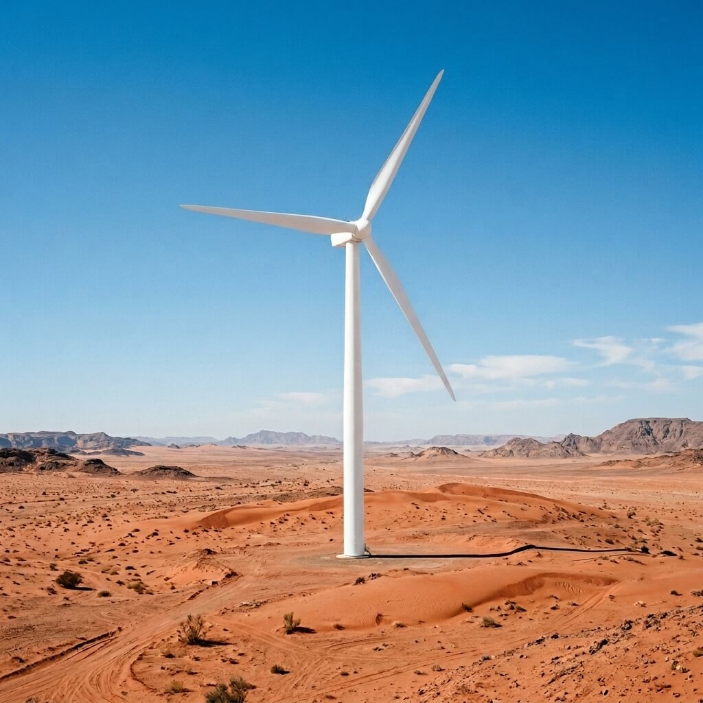 Wind turbine for renewable energy inspection standing in Saudi Arabian desert landscape under clear blue sky