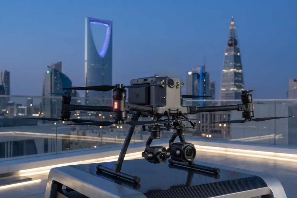 A professional enterprise drone flying over a modern Saudi Arabian city with a digital overlay of a GACA registration mark.