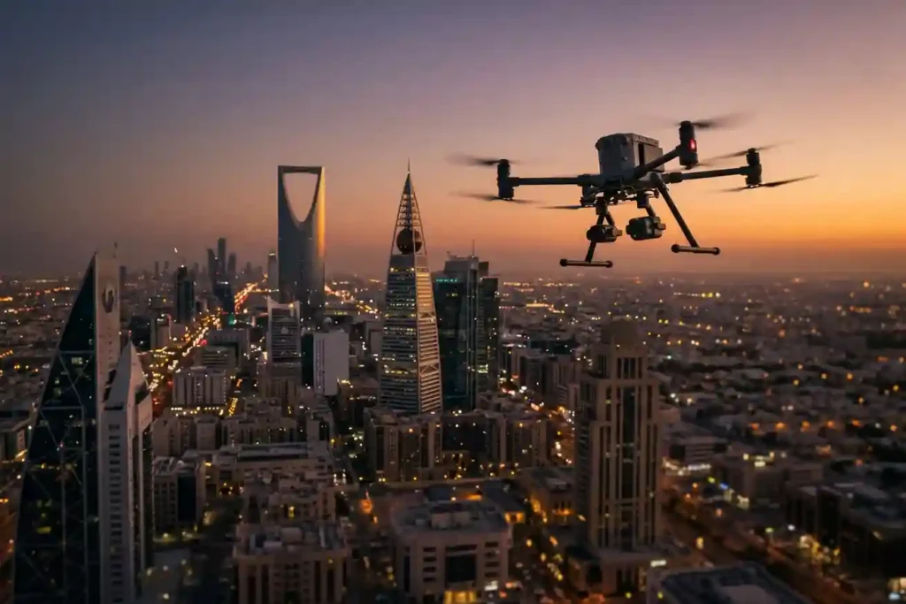 A cinematic aerial view of the Riyadh skyline at dusk with a modern surveillance drone patrolling above the skyscrapers.